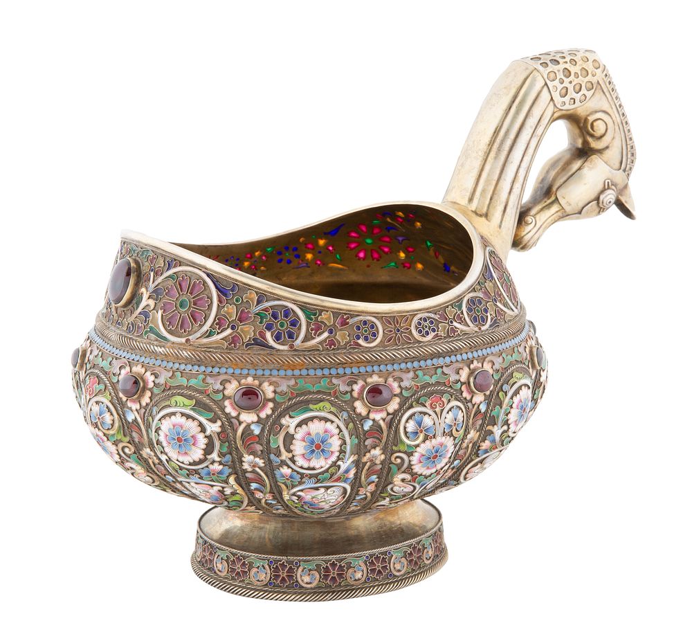 Appraisal: A RUSSIAN FABERGE-STYLE SILVER AND SHADED CLOISONNE ENAMEL KOVSH LATE