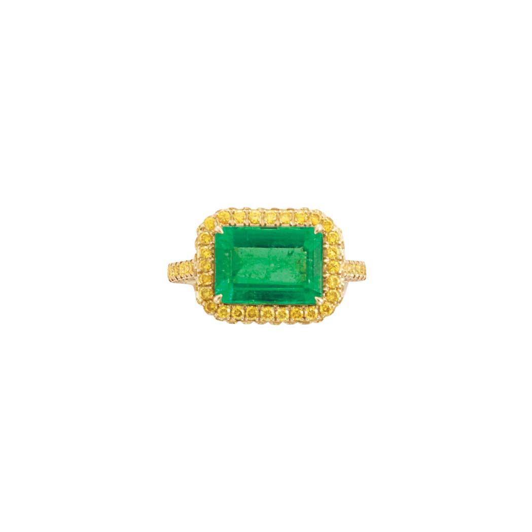 Appraisal: Gold Emerald and Yellow Diamond Ring One emerald-cut emerald ap