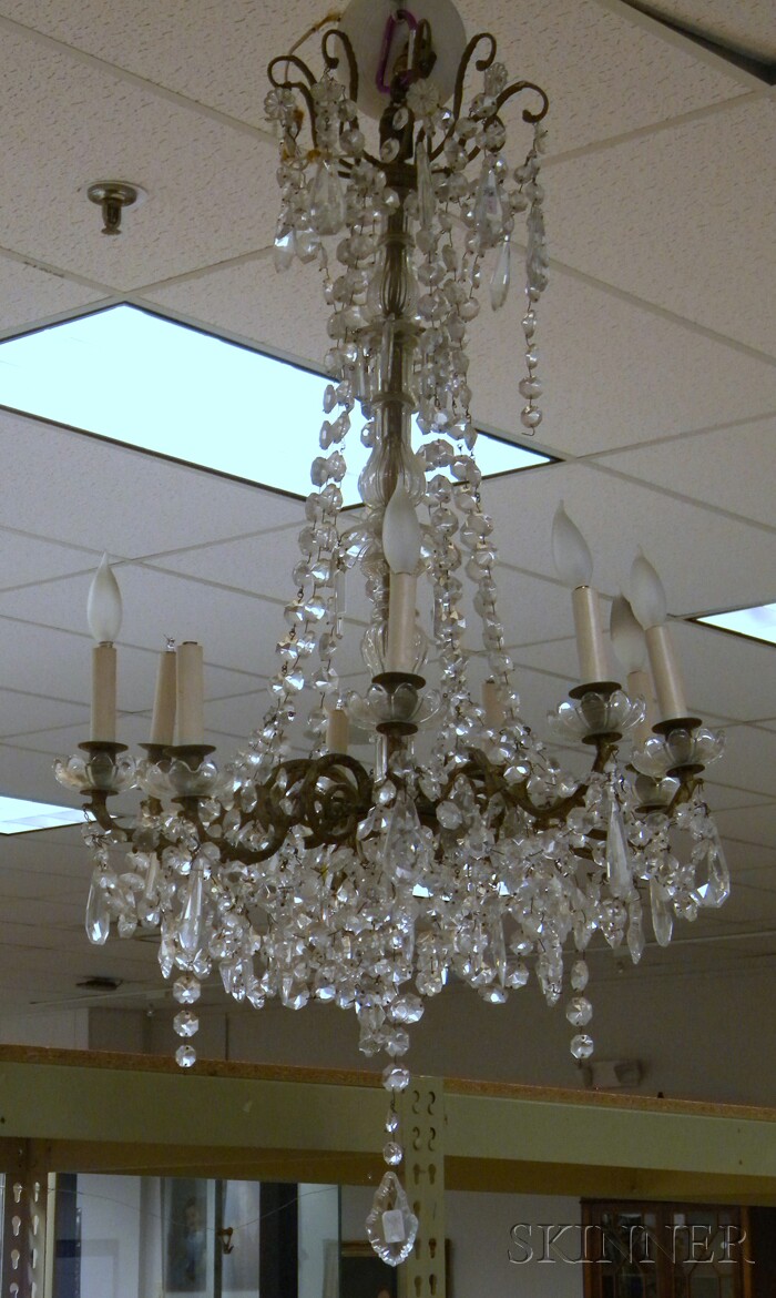 Appraisal: Baroque-style Glass and Cast Metal Nine-arm Chandelier with Prisms electrified