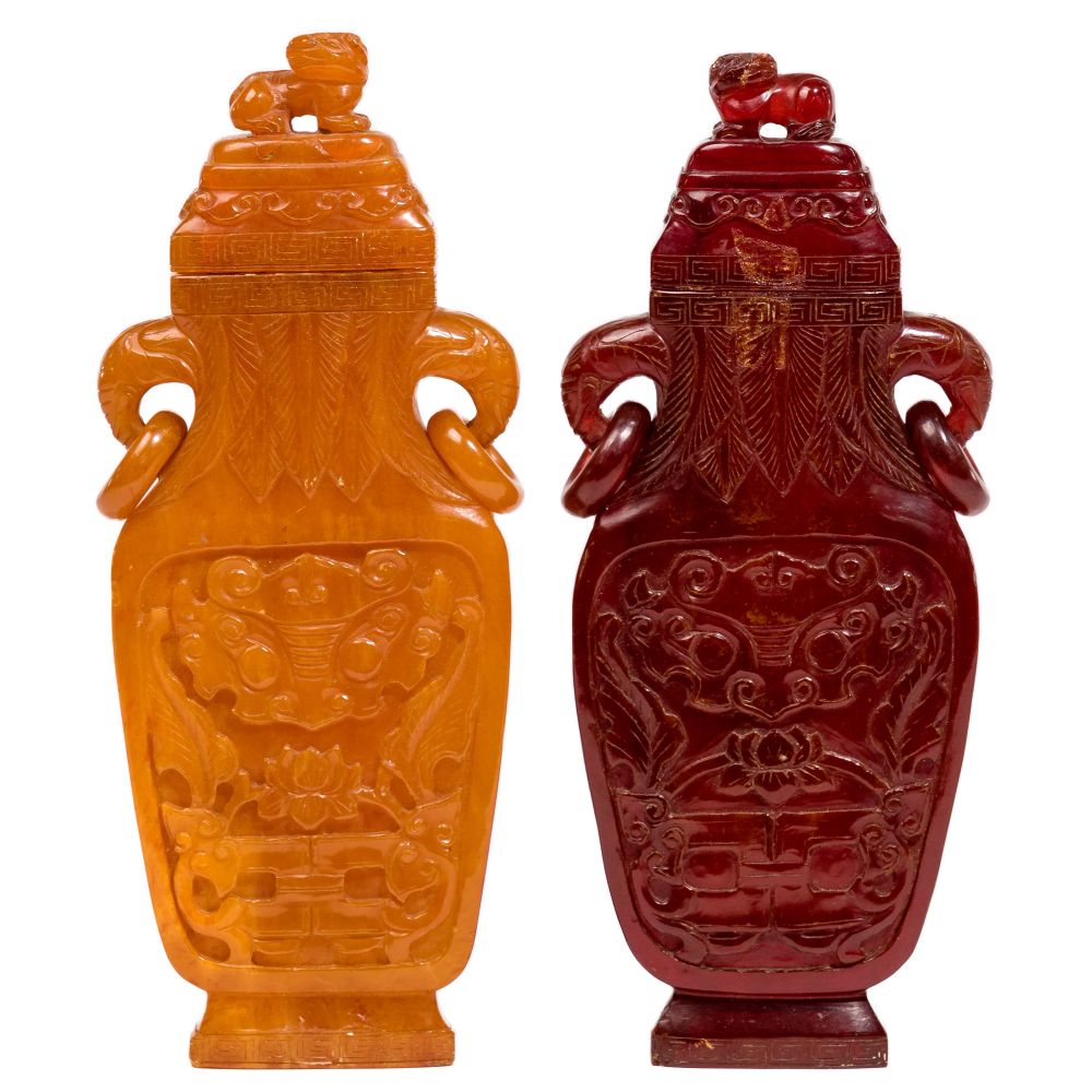 Appraisal: CHINESE YELLOW AND CHERRY AMBER STYLE VASES faux amber vases