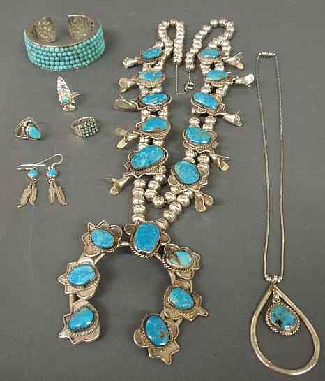 Appraisal: Grouping of sterling turquoise jewelry to include a squash blossom