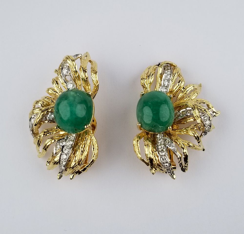 Appraisal: K Gold Cabochon Emerald Diamond Earrings Pair of K Gold