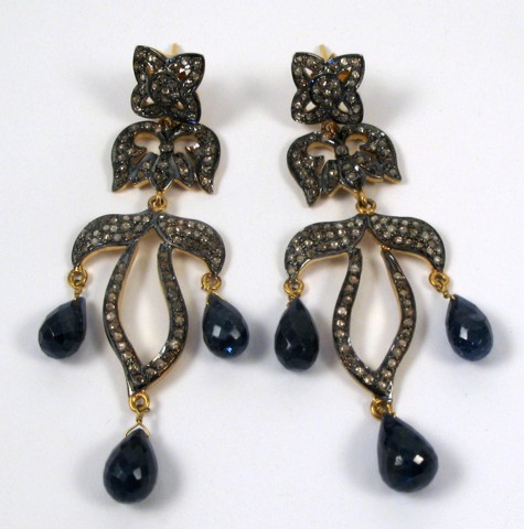 Appraisal: PAIR OF SAPPHIRE AND DIAMOND CHANDELIER EARRINGS K blackened yellow