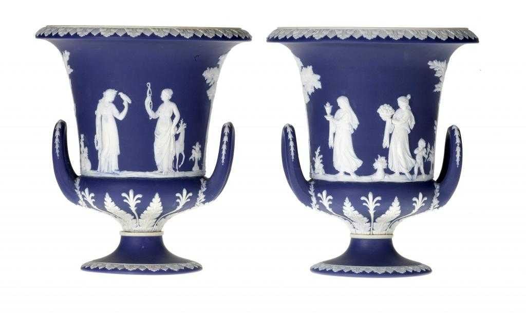 Appraisal: A PAIR OF WEDGWOOD JASPER VASES in dark blue jasper