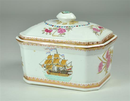 Appraisal: Chinese Export Porcelain Covered Bowl Circa Decorated with three-masted French