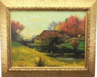 Appraisal: American School Signed Covered Bridge Scene with figures fishing in