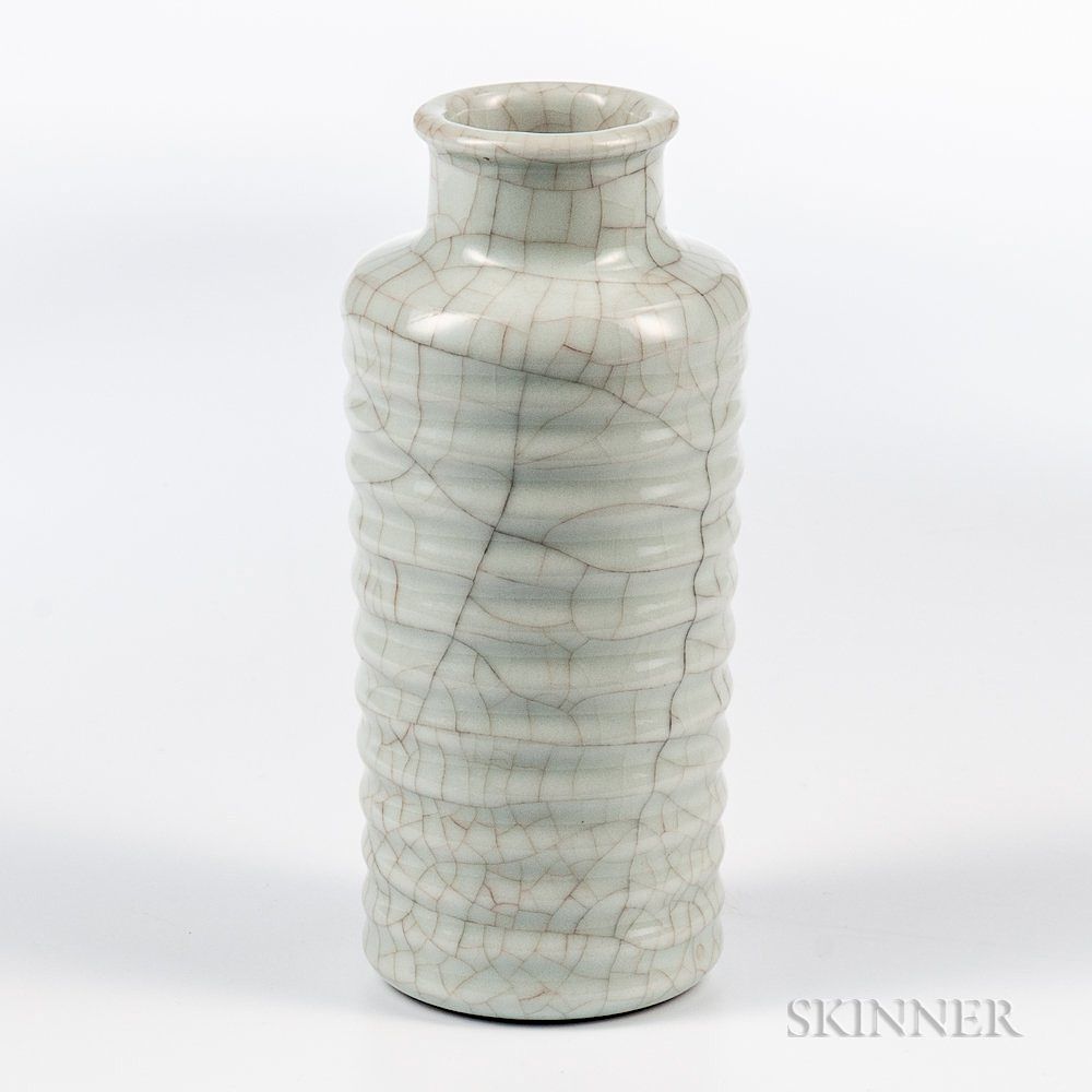 Appraisal: Guan-type Crackle-glazed Celadon Vase Guan-type Crackle-glazed Celadon Vase China cylindrical