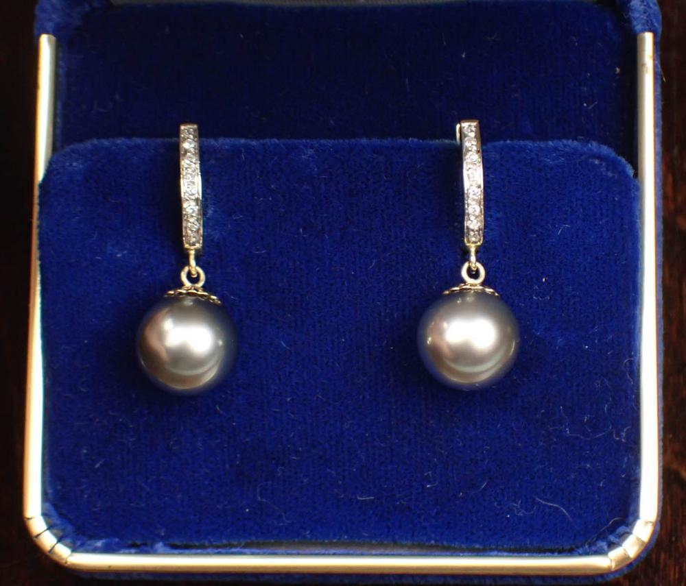 Appraisal: PAIR OF TAHITIAN PEARL AND DIAMOND EARRINGS each k yellow