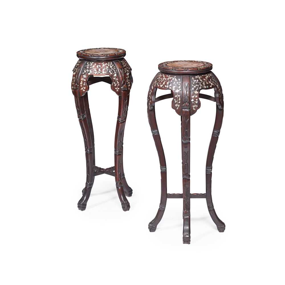 Appraisal: PAIR OF CHINESE HONGMU AND MOTHER-OF-PEARL MARBLE TOPPED STANDS LATE