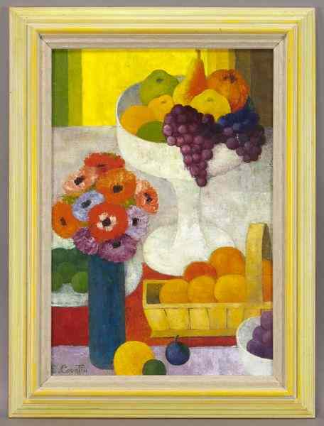 Appraisal: Emile Courtin ''Fruits and Flowers'' oilpainting on canvas Canvas ''H