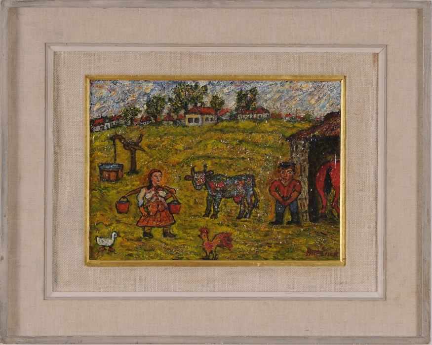 Appraisal: DAVID BURLIUK - FARMING CHORES Oil on masonite x in