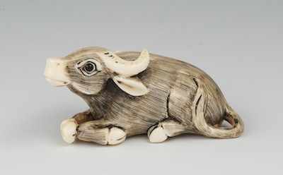 Appraisal: A Water Buffalo Netsuke Japanese Carved ivory netsuke depicting a