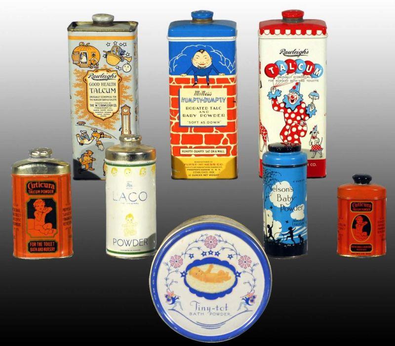 Appraisal: Lot of Baby Kids Talc Tins Description Includes McNess Humpty