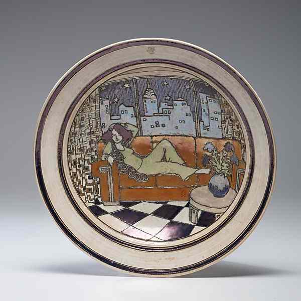 Appraisal: Carolyn Judson Polychrome Ceramic Charger American ca an incised and