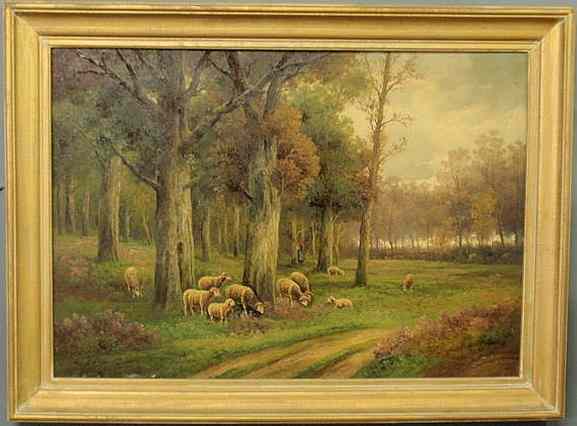 Appraisal: Oil on canvas pastoral landscape with sheep and shepherdess signed