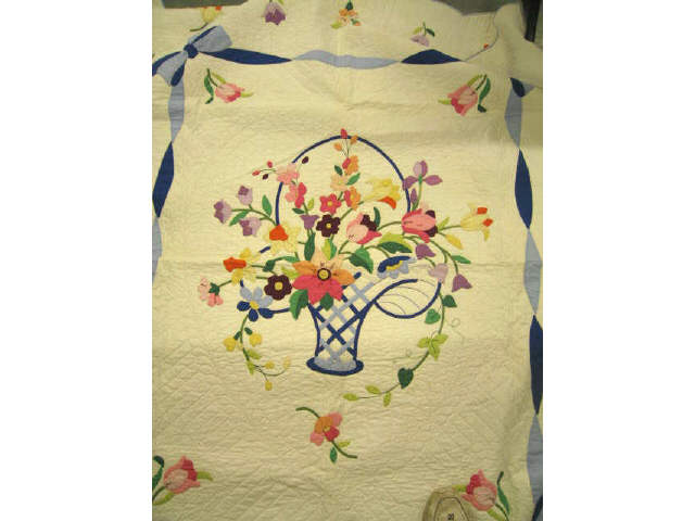 Appraisal: Antique Handmade Applique Quilt with basket of flowers tulip decor