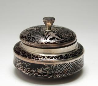 Appraisal: French Amethyst Glass Silver Overlay Lidded Jar French Amethyst glass