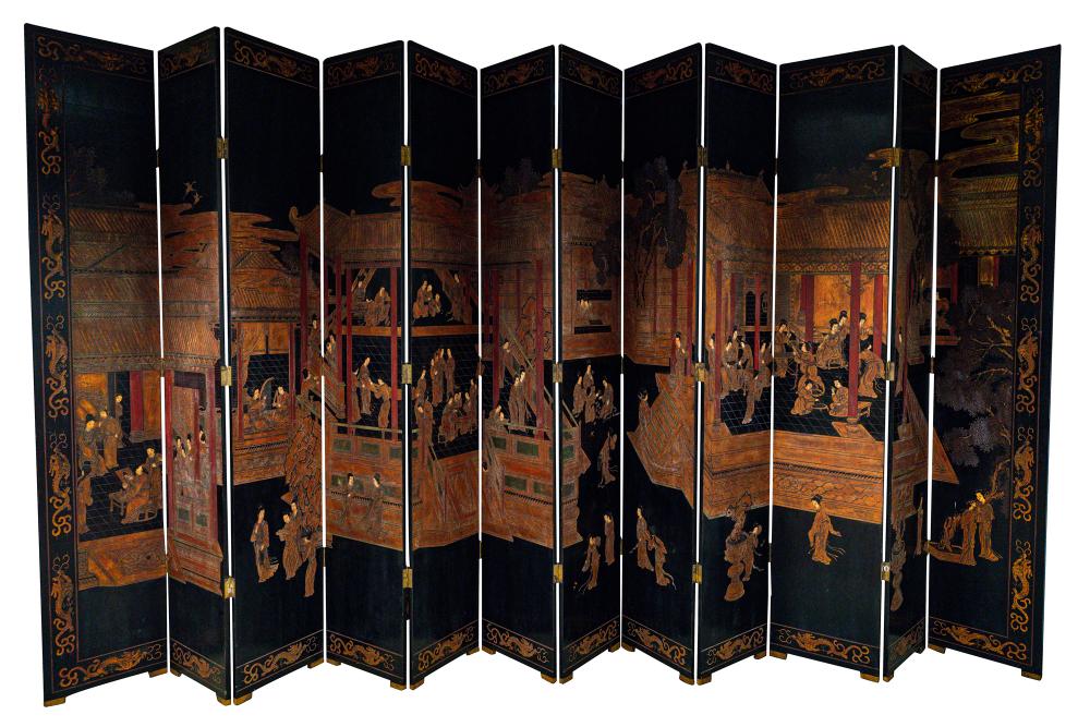 Appraisal: CHINESE COROMANDEL TWELVE-PANEL SCREENdecorated with figures in pavilions in garden