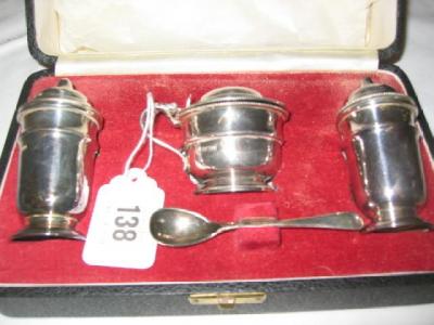 Appraisal: A THREE PIECE CONDIMENT SET comprising circular mustard with domed