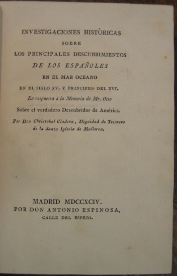 Appraisal: CLADERA CHRISTOBAL Investigaciones Hist ricas sobre los Principales Descubrimientos de