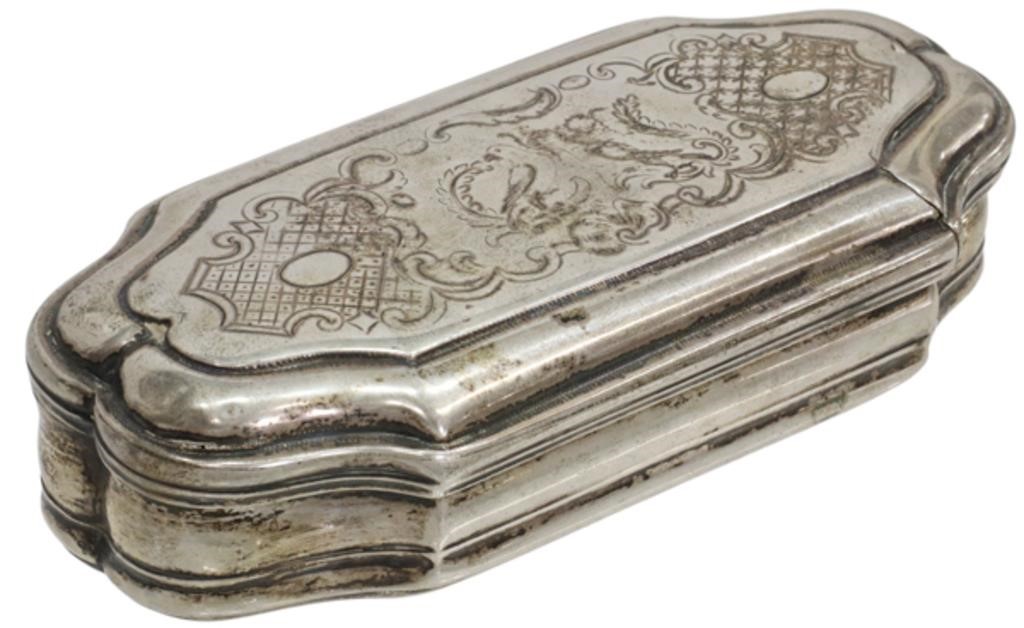 Appraisal: Dutch silver tobacco or snuff box shaped oblong form with