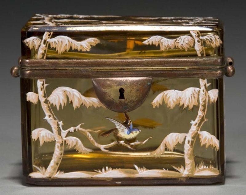 Appraisal: Moser Amber Glass Enameled Casket Description Circa Does not have