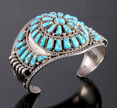 Appraisal: Signed Navajo Sterling Silver and Turquoise Cuff This is a