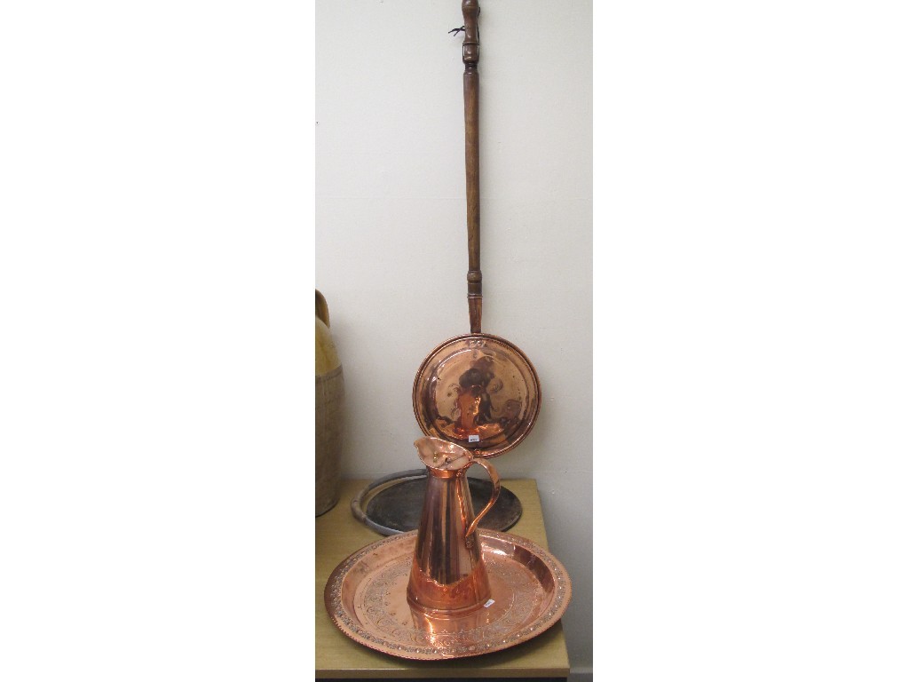 Appraisal: Copper bed warming pan griddle plate copper jug and circular