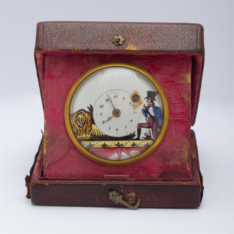 Appraisal: FRENCH ENAMEL WATCH The circular dial decorated with a lion