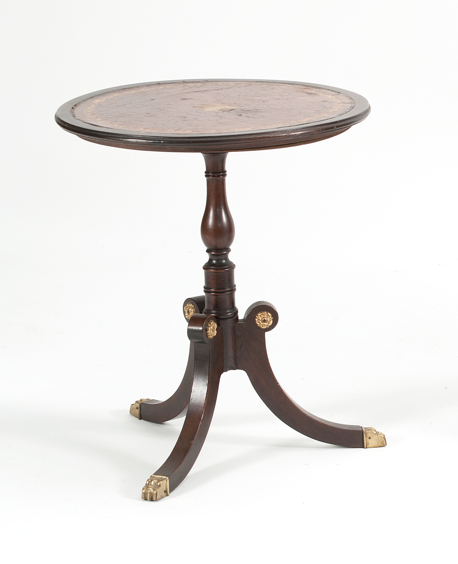 Appraisal: DIMINUTIVE THREE-LEGGED STAND Circular top with inset brown leather with