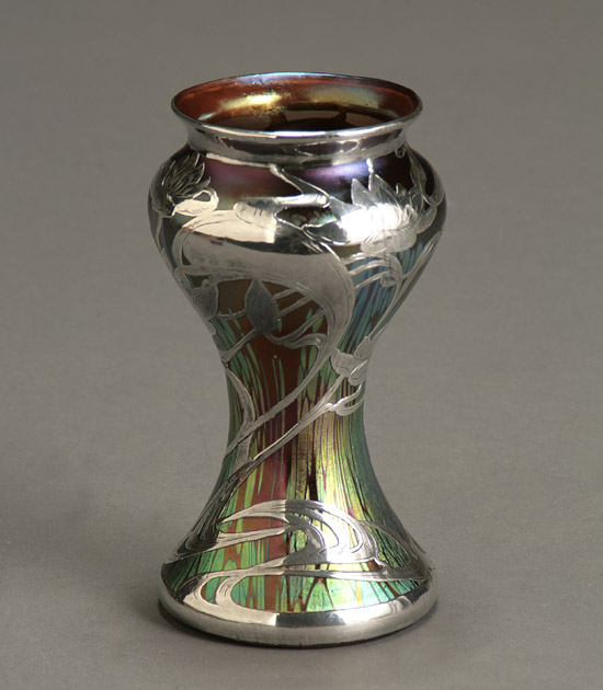 Appraisal: Loetz Sterling Overlaid Iridescent Glass Vase Circa Having an iridescent