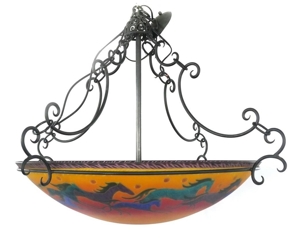 Appraisal: Reverse painted glass chandelier with a scene of running wild