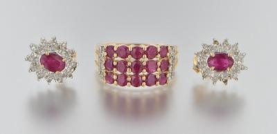 Appraisal: A Ladies' Diamond and Ruby Ring and Earrings Set k