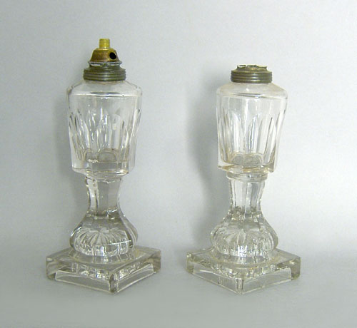 Appraisal: Pair of colorless glass whale oil lamps th c h