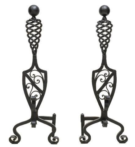 Appraisal: pair Arts and Crafts black wrought iron andirons early th