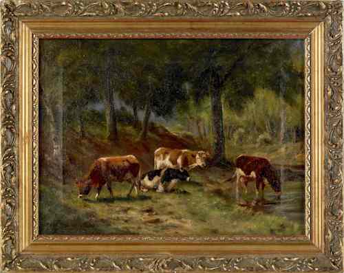 Appraisal: Oil on canvas landscape with cows th c bearing the