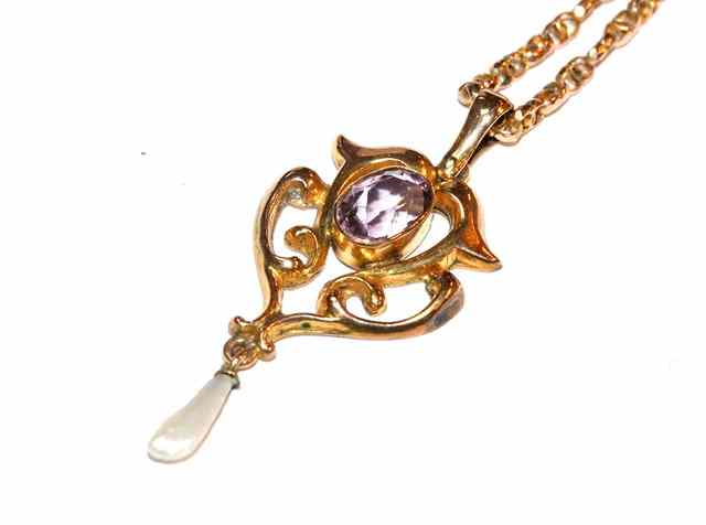 Appraisal: A CT GOLD ART NOUVEAU STYLE AMETHYST AND BLISTER PEARL