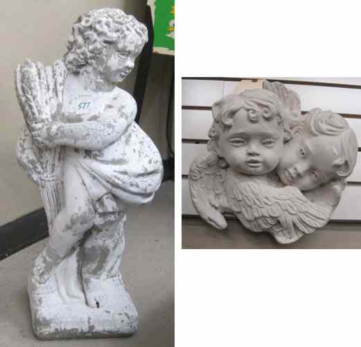 Appraisal: TWO FIGURAL CAST CONCRETE GARDEN SCULPTURES '' cherub figure and