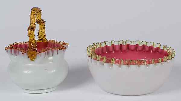 Appraisal: Victorian Cased Glass Bowl and Basket Victorian a glass bowl