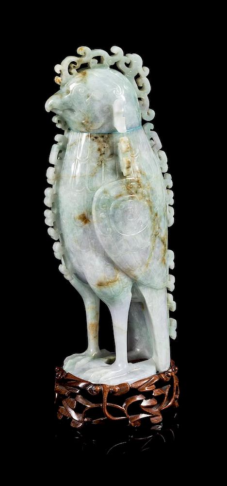 Appraisal: A Jadeite Phoenix-Form Covered Vessel Height inches A Jadeite Phoenix-Form