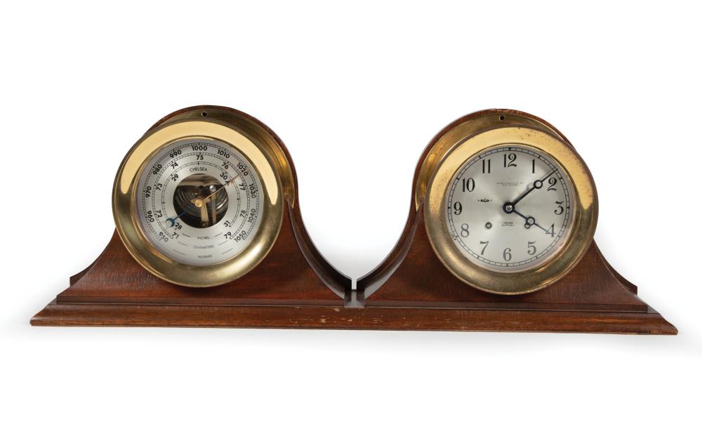 Appraisal: Chelsea Ship's Bell and Barometer Desk Set th c dials