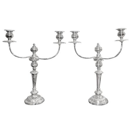 Appraisal: Pair of George III Style Silver Plated Two-Light Candelabra Estimate