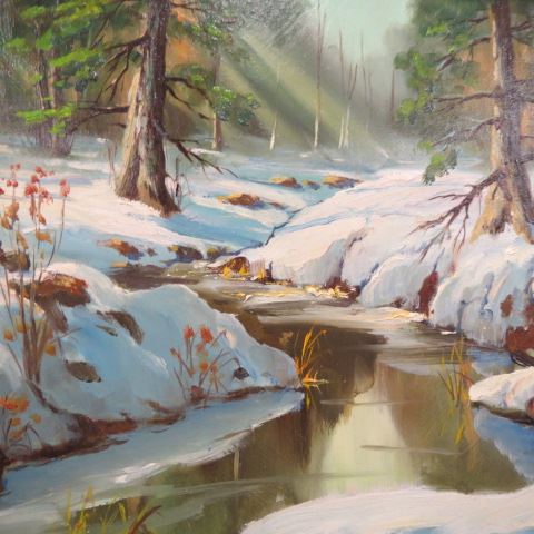 Appraisal: R J Neary oil winter landscape with stream on masonite