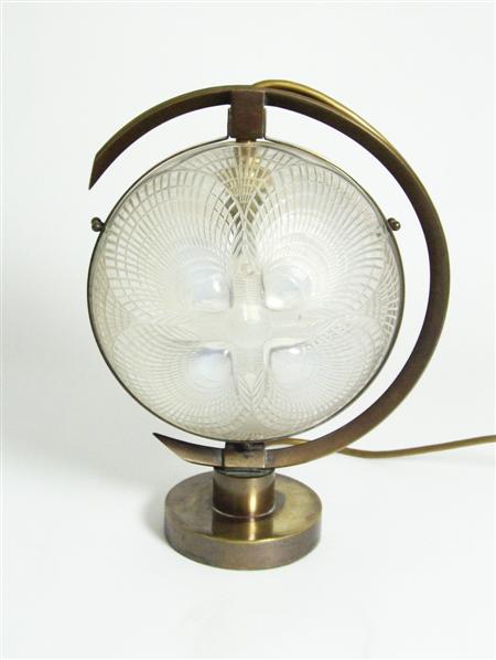 Appraisal: LALIQUE 'COQUILLES' TABLE LAMP S opalescent glass and patinated brass