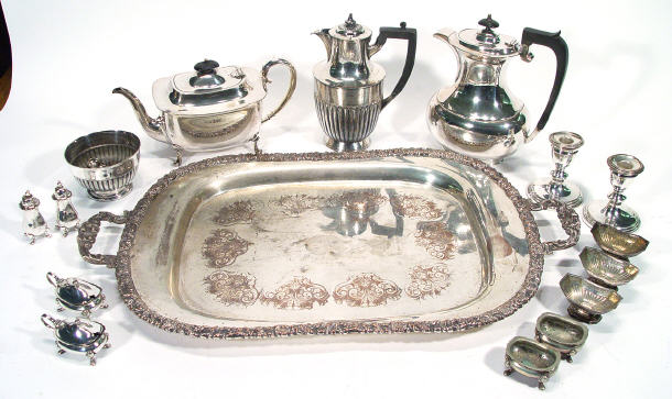 Appraisal: Collection of silver plated items including a twin handled tray