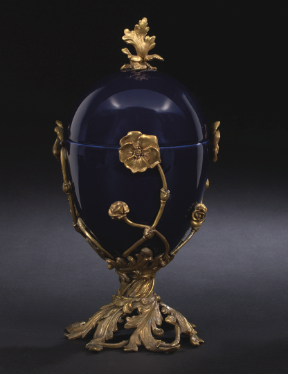 Appraisal: Large Russian Gilt-Brass-Mounted Cobalt-Blue Porcelain Covered Oviform Vase first quarter