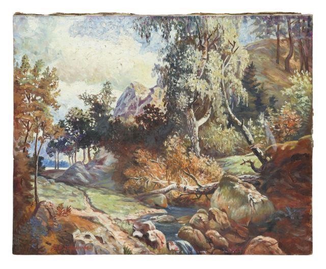 Appraisal: Unframed oil on stretched canvas painting Forest Landscape signed lower