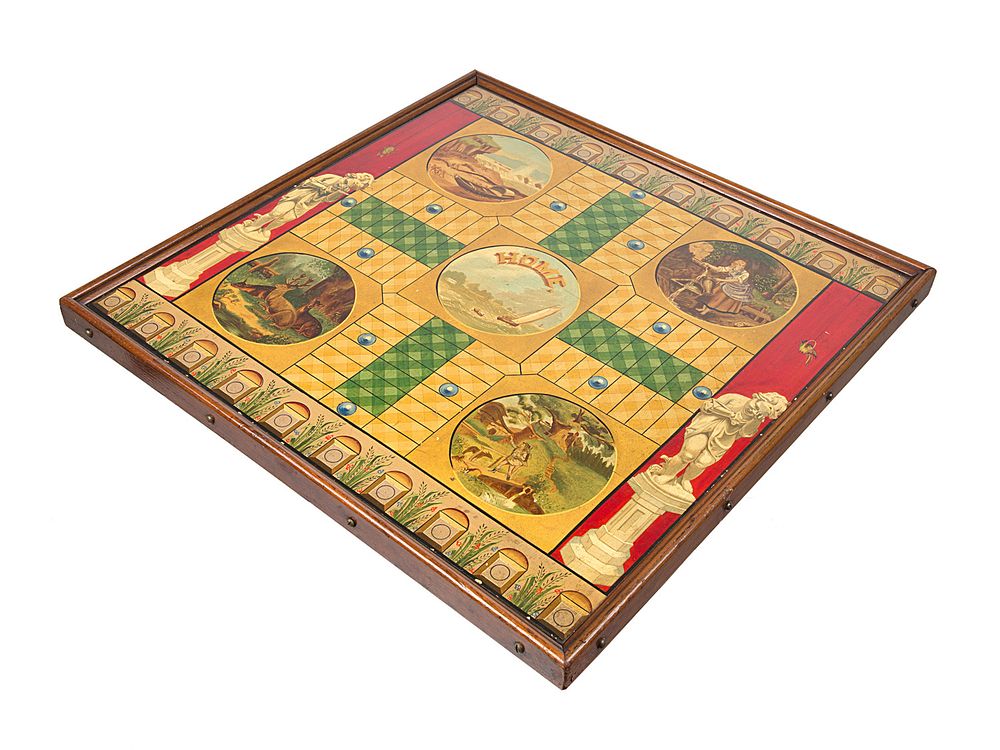 Appraisal: A FOLK AMERICAN POLYCHROME WOOD PARCHEESI BOARD CIRCA A FOLK