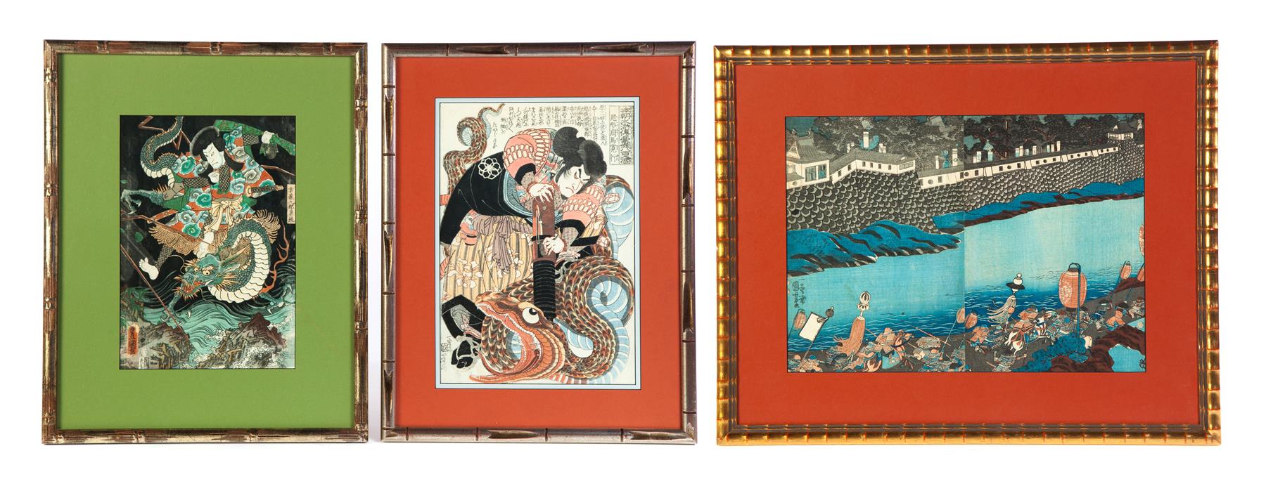 Appraisal: THREE JAPANESE WOODBLOCK PRINTS Late th-early th century Diptych of