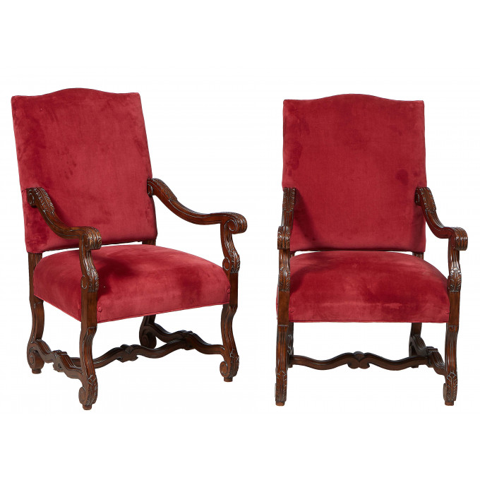 Appraisal: Pair of French Louis XIII Style Carved Walnut Fauteuils a